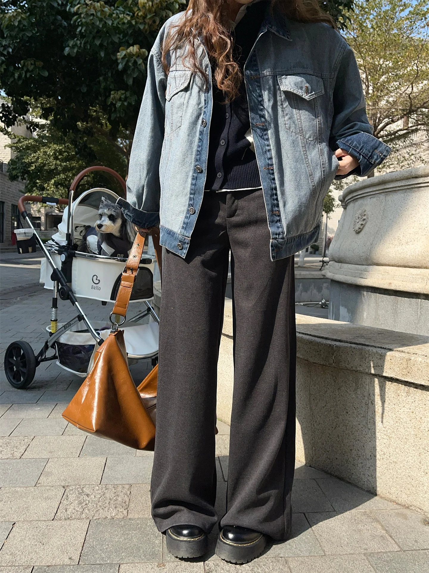 Chuanhe Women's Grey Woolen Wide Leg Pants Side Waist Buckle Design Drapey Loose Fit Casual Floor Length Trousers view 3