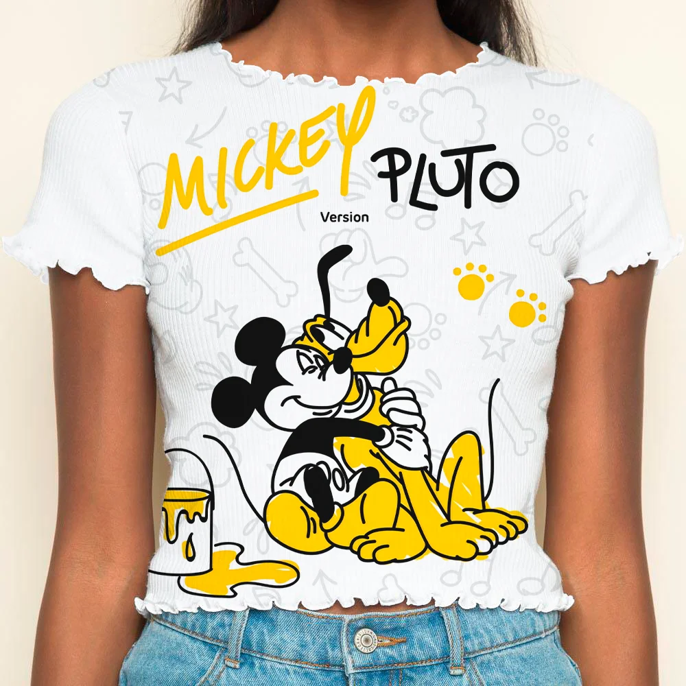 Summer Clothes Women 2024 Short Sleeve Crop Tops Sexys Disney T-shirt Minnie Mouse Lettuce Trim T-shirts Woman Clothing Y2k Top