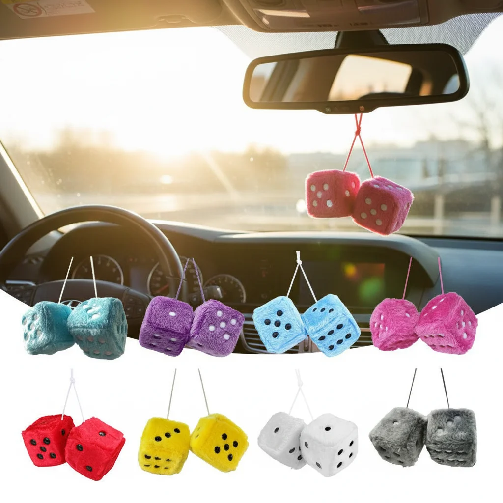 

1 Pair Big Long Hair Hot Stamping Dot Dice Plush Toy Cube Pendant Car Ornament Sieve Anime Car Decoration Accessories Auto Penda