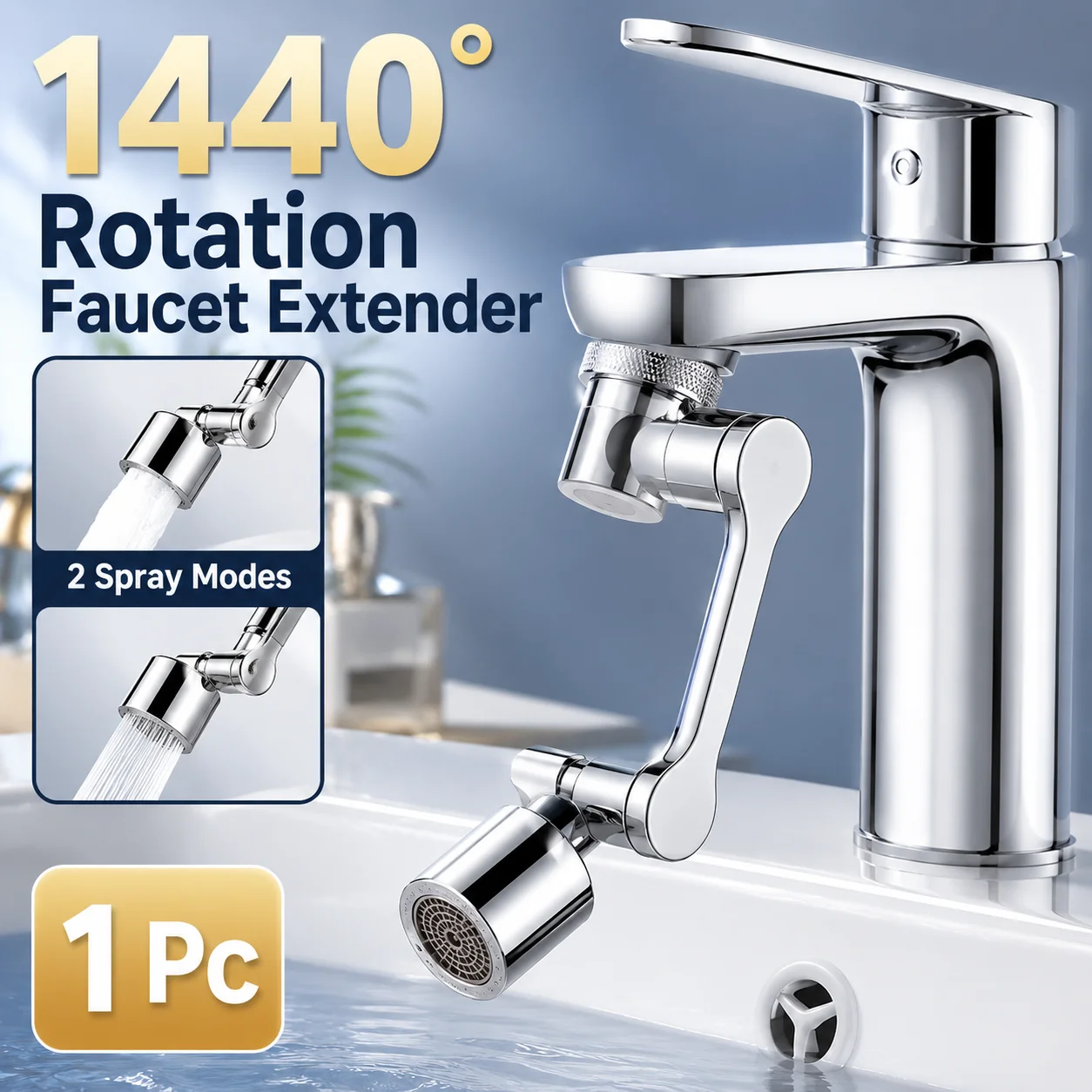 1440° Rotating Faucet Extender, Universal Swivel Arm Faucet Aerator Attachment with 2 Spray Modes, Splash Proof Sink Extension Nozzle for Kitchen Bathroom Basin Washing