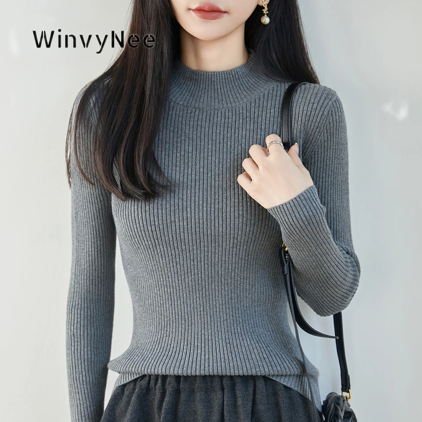 WinvyNee Women Sweater 100% Cotton Ribbed Mock Neck Slim Fit Knitted Top Urban Basic Soft Breathable Casual Daily Wear ZA1092021