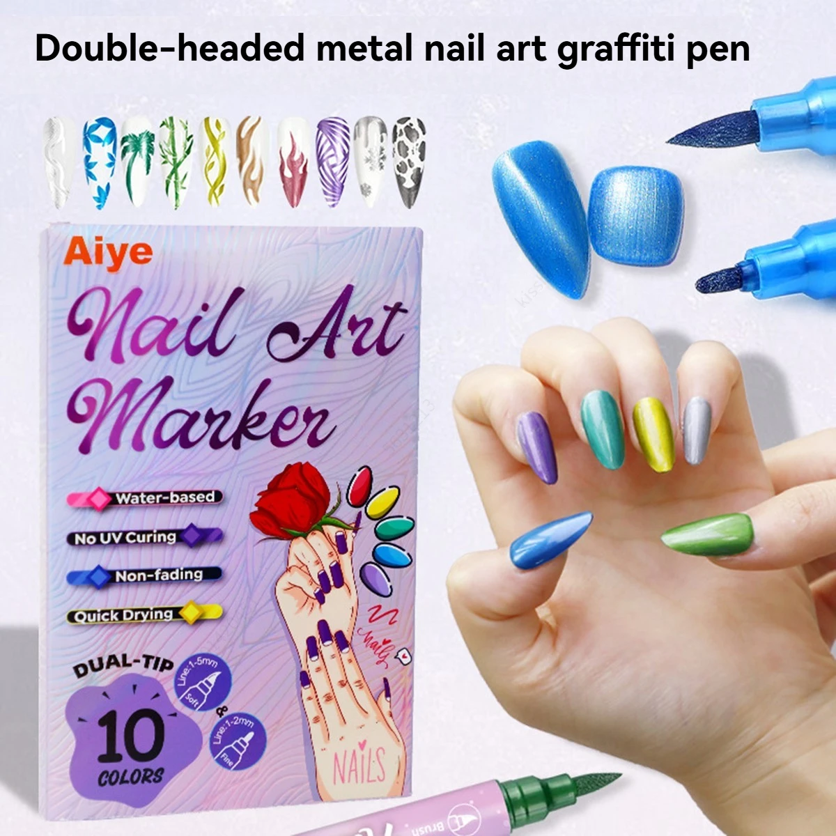 

Металлические маркеры для дизайна ногтей с двойным наконечником, набор ручек для граффити, быстросохнущие, акриловые ручки для рисования, водостойкая роспись ногтей, 10 цветов