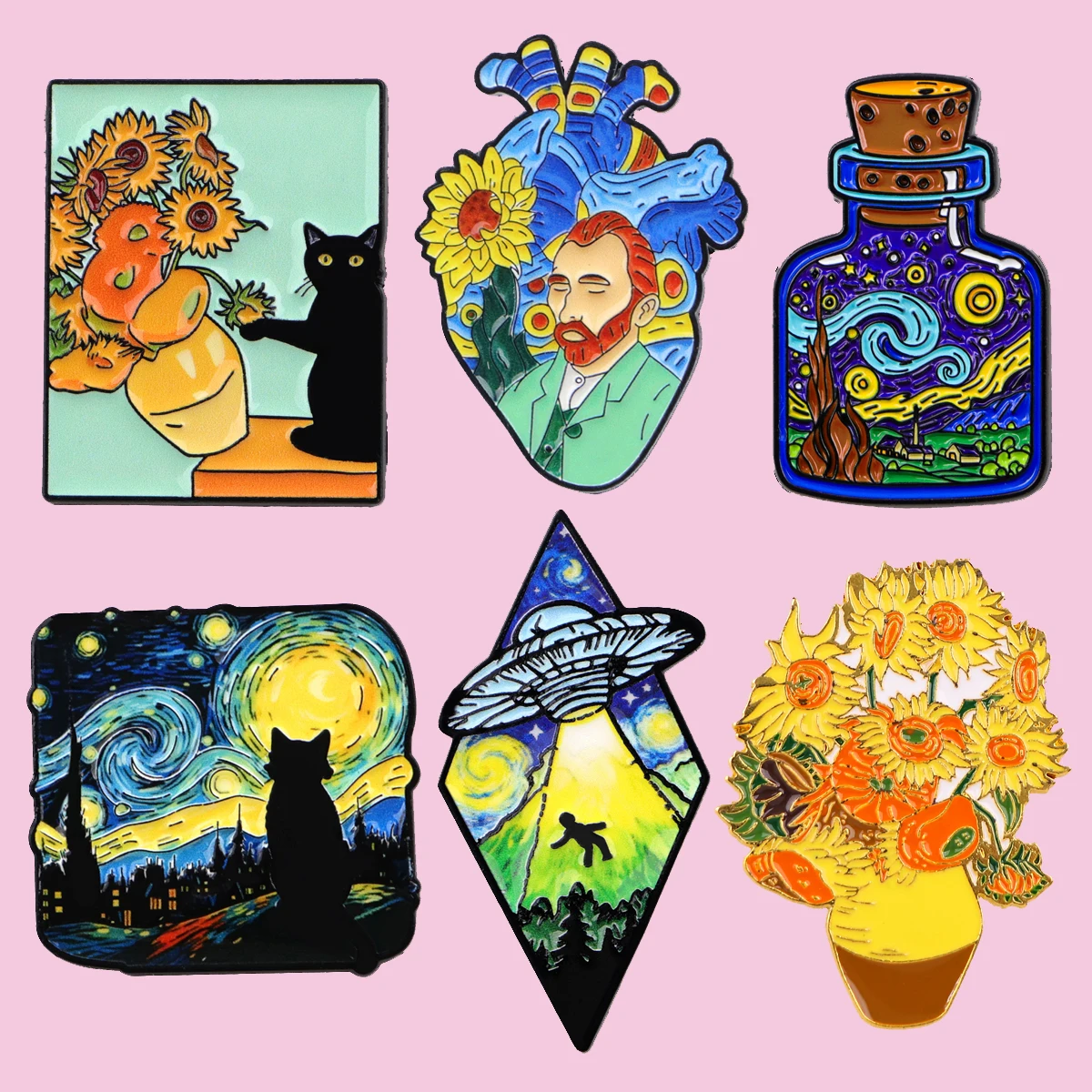 6 teile/satz Van Gogh Sonnenblumen und Sternenhimmel Emaille Pin Metall Brosche Rucksack Kragen Revers Abzeichen Mode Schmuck Sammlung Geschenk