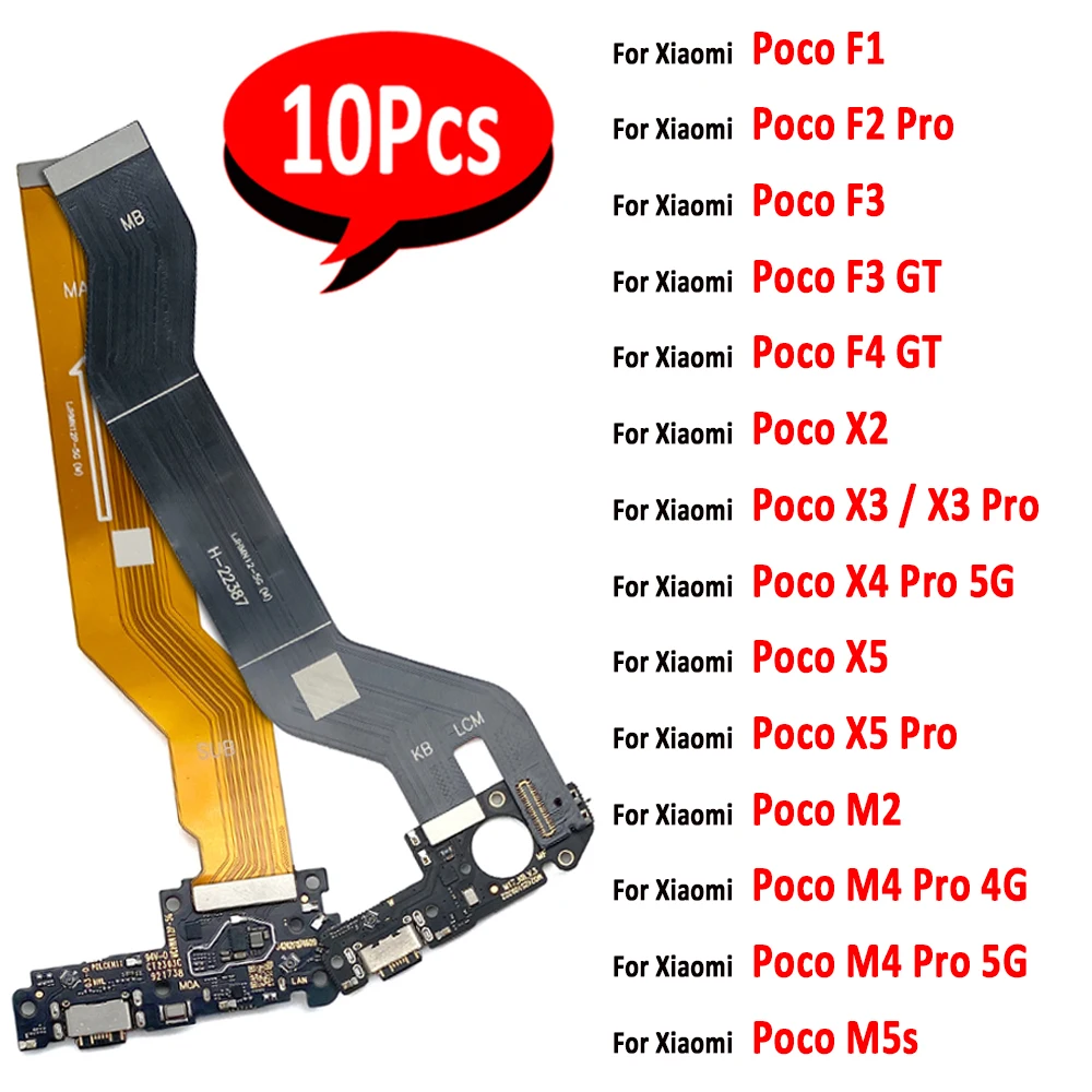 10Pcs，USB Port Charger Dock Plug Mainboard Connector Charging Board Main Flex For Xiaomi POCO F2 F1 F3  X3 M4 X4 X5 Pro 4G 5G X2