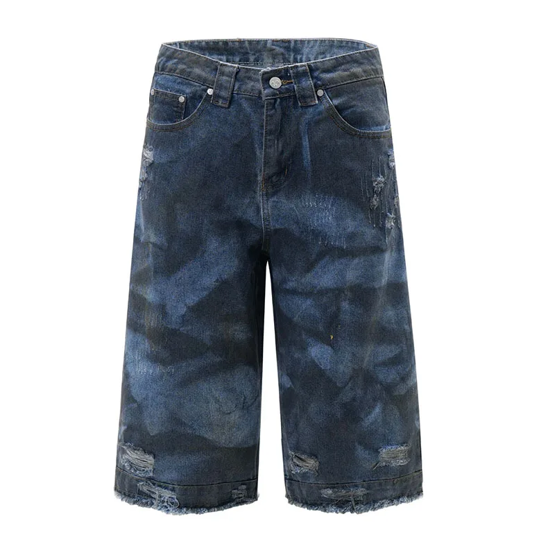 

Hi Street Ripped Streetwear Denim Shorts Printed Harakuju Washed Jeans Shorts For Male Blue