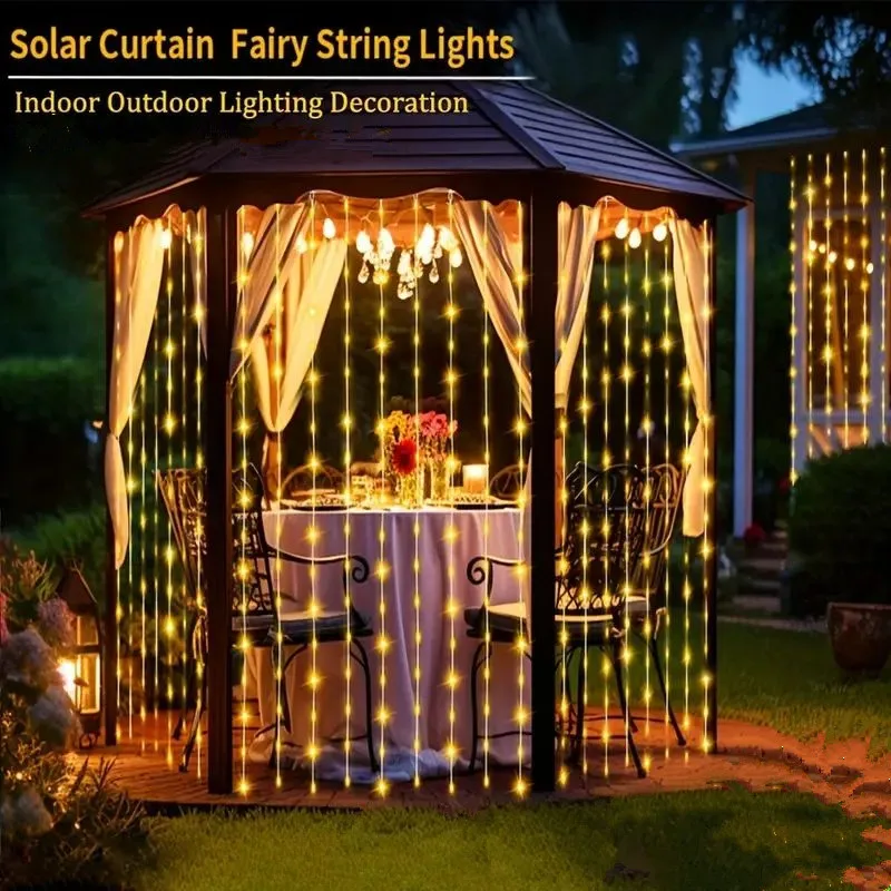 Garden Decor Party Fairy Lights Outdoor LED Solar Curtain Lights String 3/6M Christmas Wedding Garland Pavilion Yard Decoration