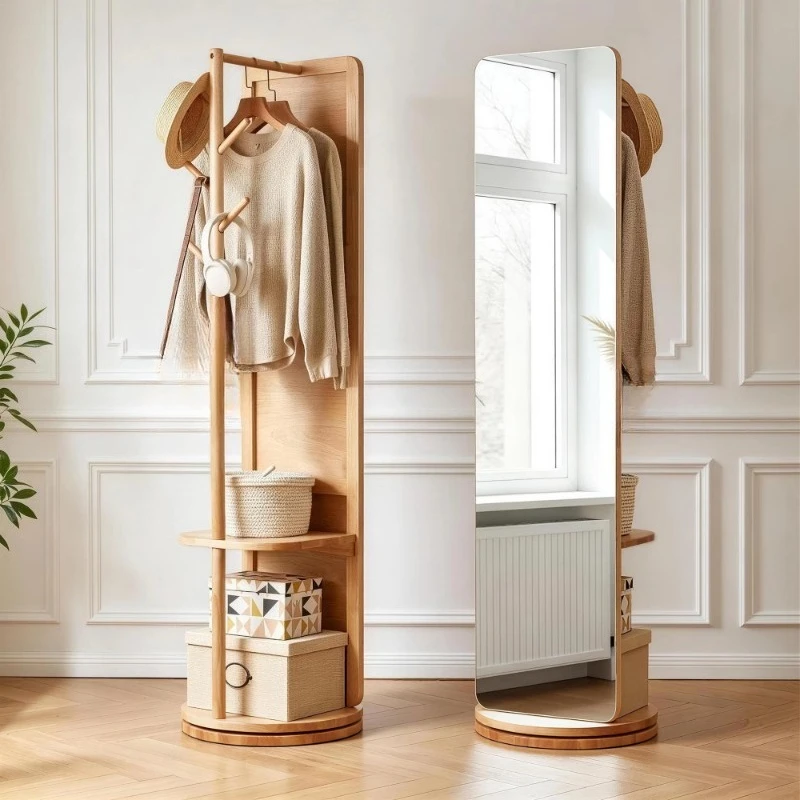 360 ° rotatable full-body mirror with hanger, solid wood vertical full-body mirror, independent fitting mirror hanger