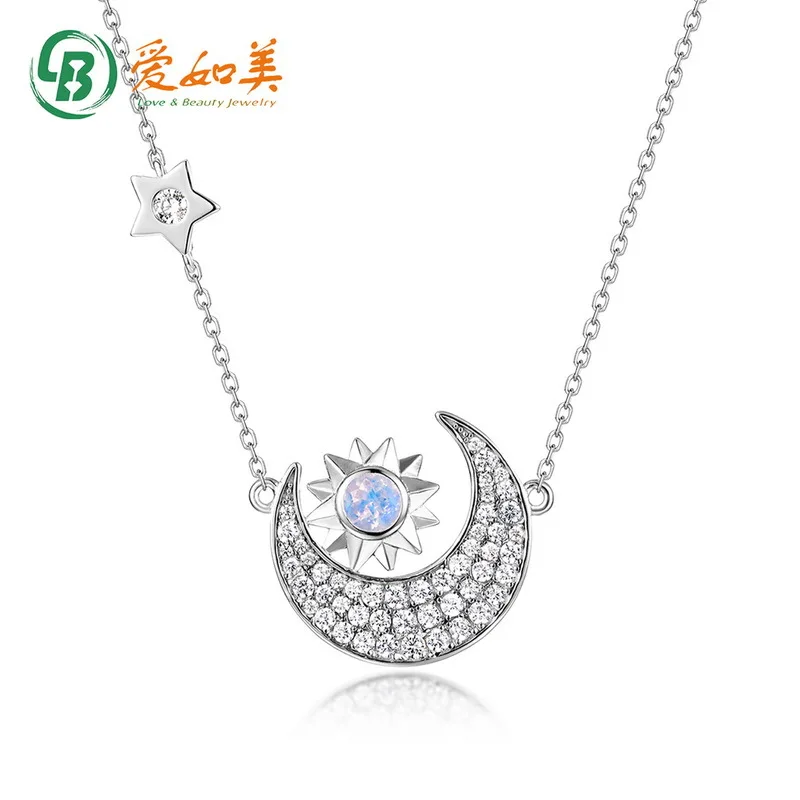 

Sun, Moon, and Stars Simple Style Clavicle ChainNecklace 18K Gold PT950 Platinum Silver Plated7-Layer Gold Blue MoonstonePendant