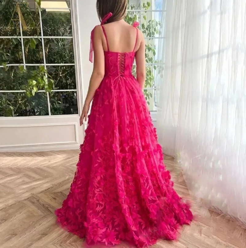 Fuchsia Tulle gaun panjang untuk Prom tali Spaghetti jubah gaun Formal untuk wanita pesta pernikahan gaun malam gaun pesta 2024