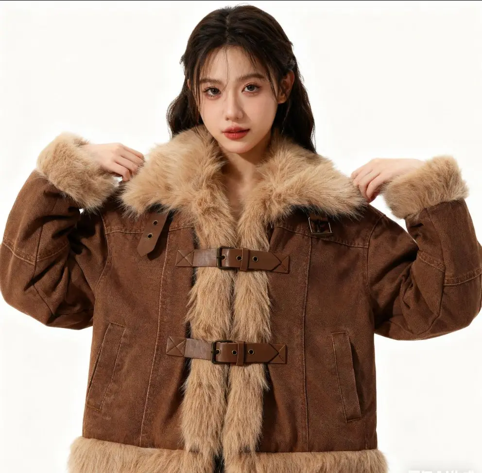 

Джинсовые пальто для женщин, длинная меховая плюшевая женская зимняя куртка стандартного кроя, милая, крутая, для девочек, стеганая куртка на пуговицах для путешествий