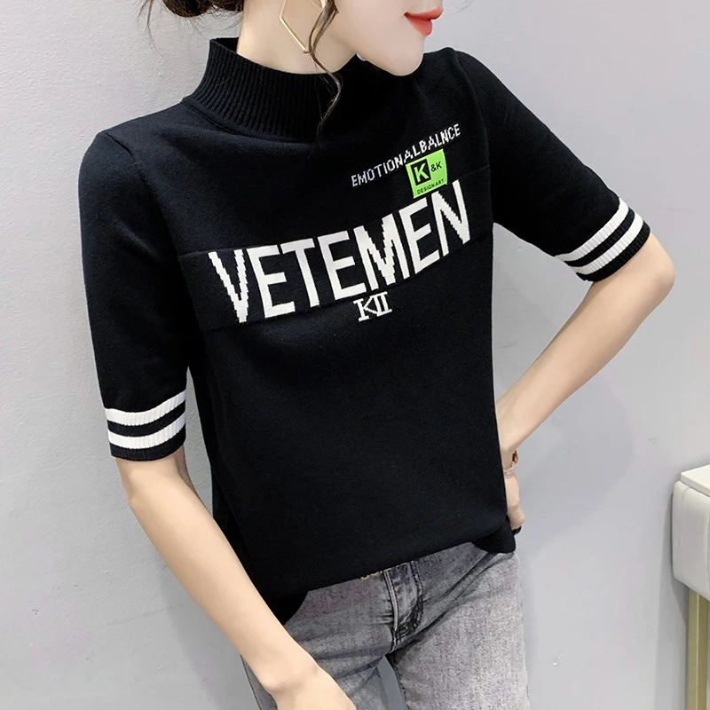 Summer European Clothes Knitted T-Shirt Fashion Sexy Mock Neck Patch Print Letter Women's Short Sleeve Tops 2023 New Tees 2022