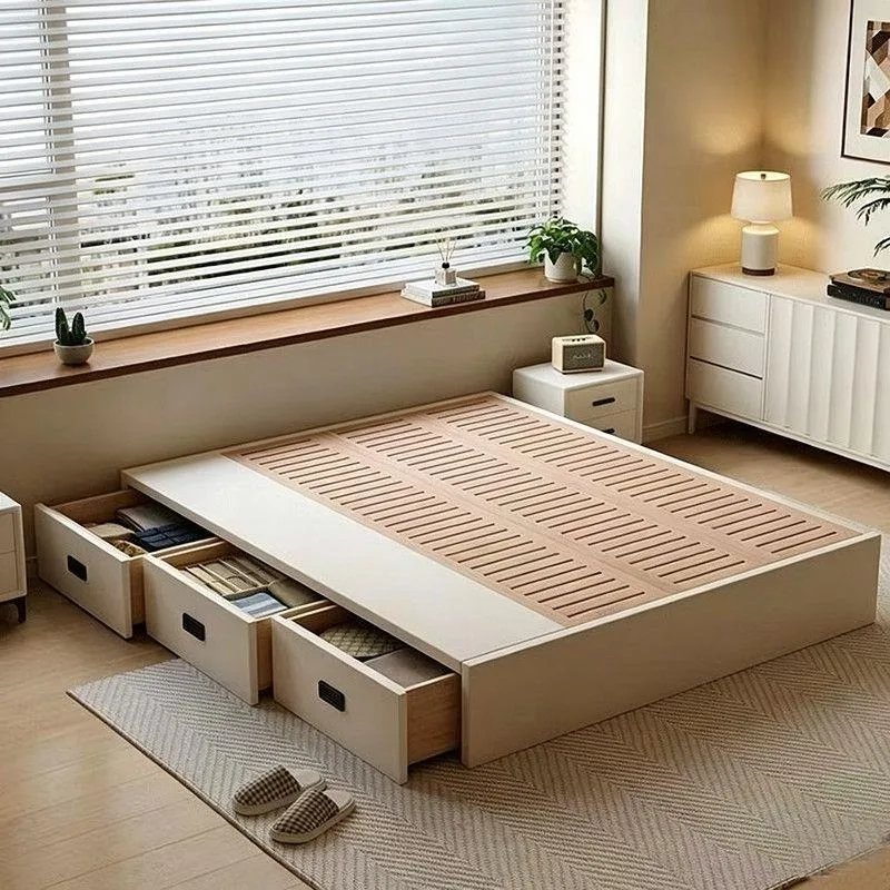 Simple beech row skeleton bed, master bedroom tatami floor-to-ceiling storage bed with big three drawers