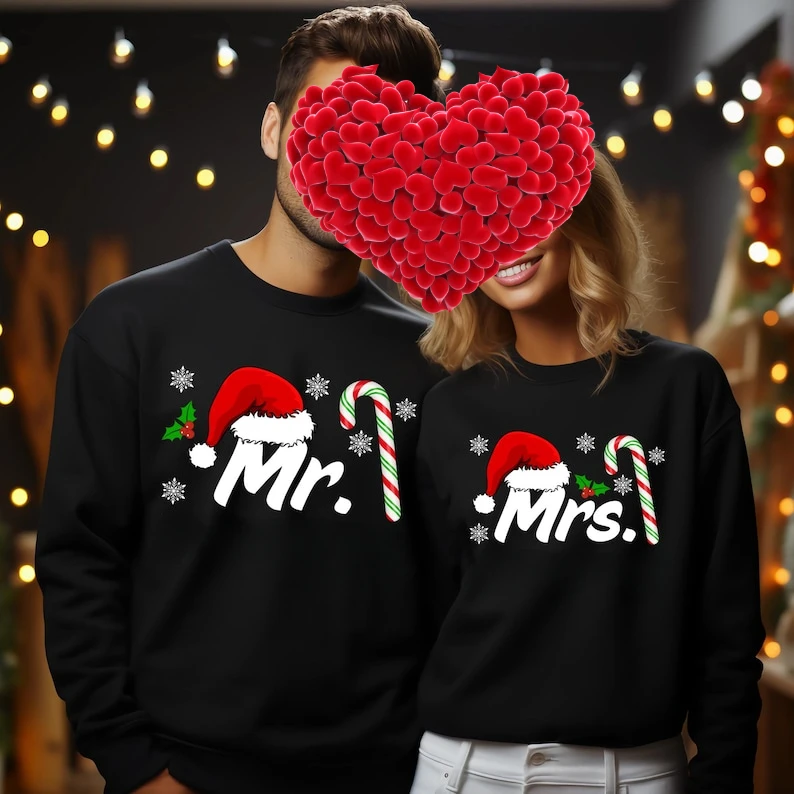 Christmas Mr. & Mrs. Matching Sweatshirt Cute Couple Christmas Sweater Hubby Wifey Couples Holiday Hoodie Winter Wedding Couple