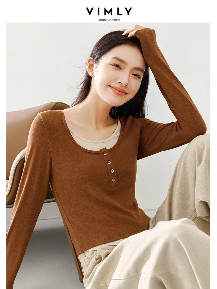 Vimly Contrast Fake 2 Piece Pullover T-shirt Female Autumn O-neck Long Sleeve Tops 2023 Fall New High Strecth Slim Tshirt M5119