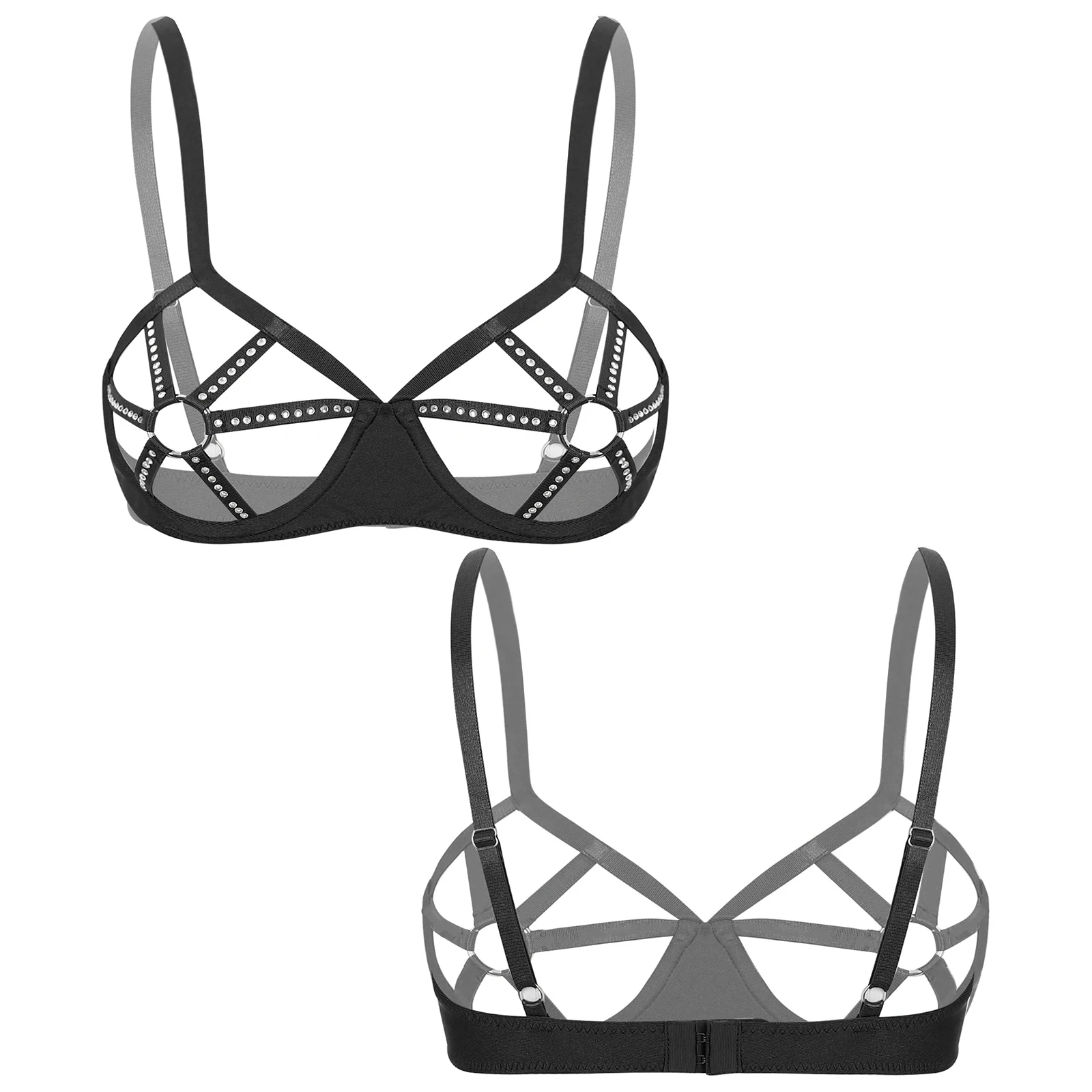 

Erotic Lingerie Womens Open Cups Bra Exposed Nipple Underwired Bra Balconette Shiny Rhinestones O-ring Cutout Cup Push Up Top