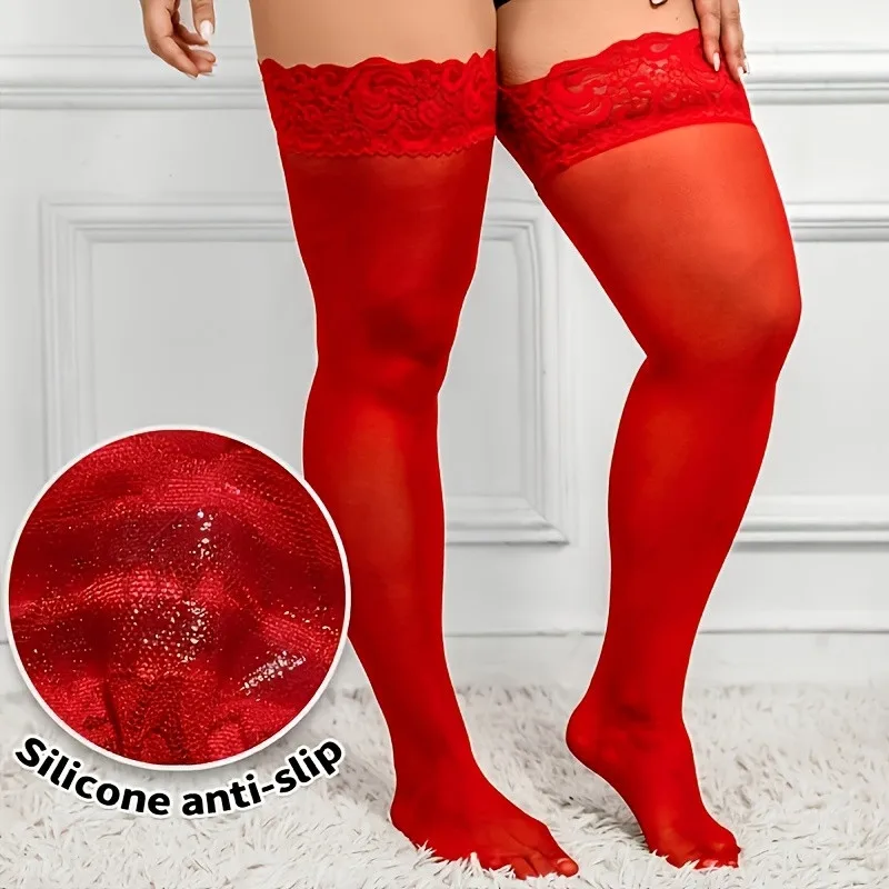 Modische, große, rote Netzstrümpfe mit Spitze für Weihnachten, knielange, schwarze Netzstrümpfe, lange Socken für Damen, 3XXXXL, 4XL, Clubwear, sexy. – Detail 13
