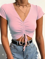 Sexy V Neck Cropped Tank Tops Women Drawstring Tie Up Front Camis Candy Colors Streetwear Slim Fit Ribbed Crop Top 2024