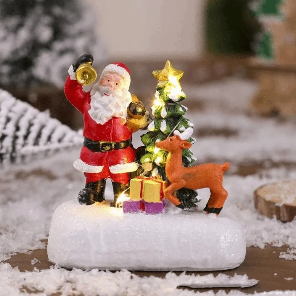 

Resin Luminous Christmas Statue Santa Claus Design Pine Needles Christmas Street Lamp Ornament Snow View with Led Lights