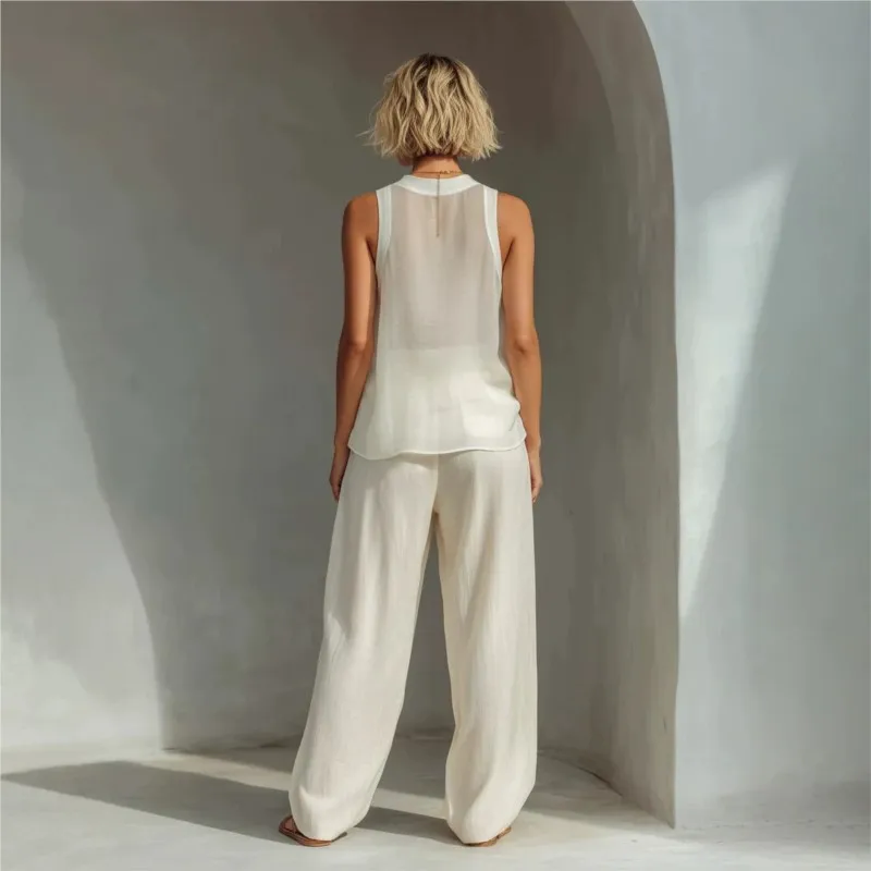 2026 New Summer Women's Long Pants Set Solid Color Sleeveless Casual Loose Elegant Temperament Breathable Unique Long Pants Set view 4
