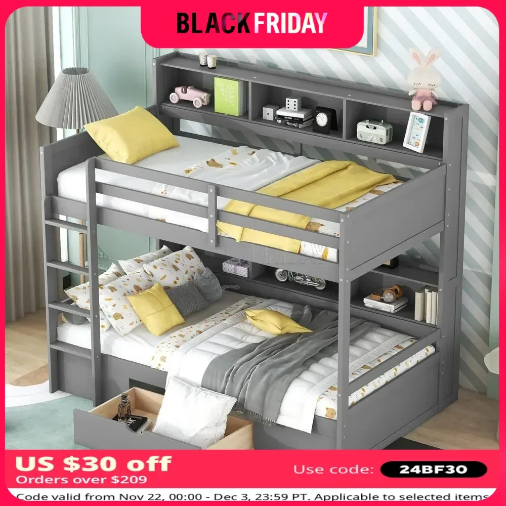 Bunk Bed, with Built-in Shelves Beside Both Upper & Down Beds,Multi Storage Bunk Beds with Drawer,Wood Twin Bunks Beds