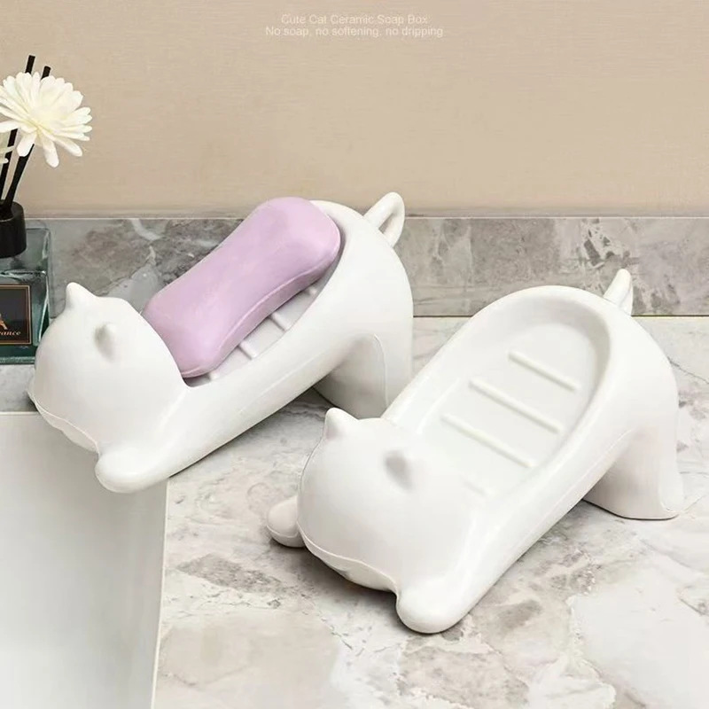 かわいい猫の排水石鹸ホルダー、滑らかなプラスチック製のトイレ石鹸皿、ケーストレイ、家庭用バスルームアクセサリー、洗面所ツール、1個、2個