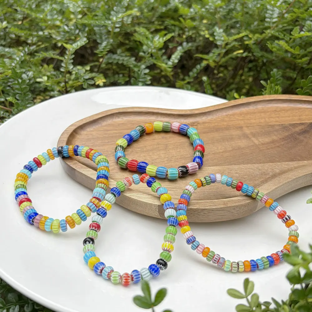 1PCS Bohemian Colorful Millefiori Glass Bracelet Retro Pumpkin Shape Beads Elastic Handmade Bracelet for Women Travel Party