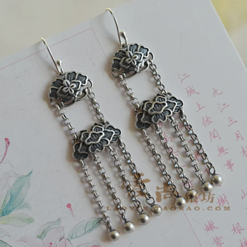 Vintage Thai silver tassel flower design drop earrings for women Chinese style unique art ethnic style ladies jewelry