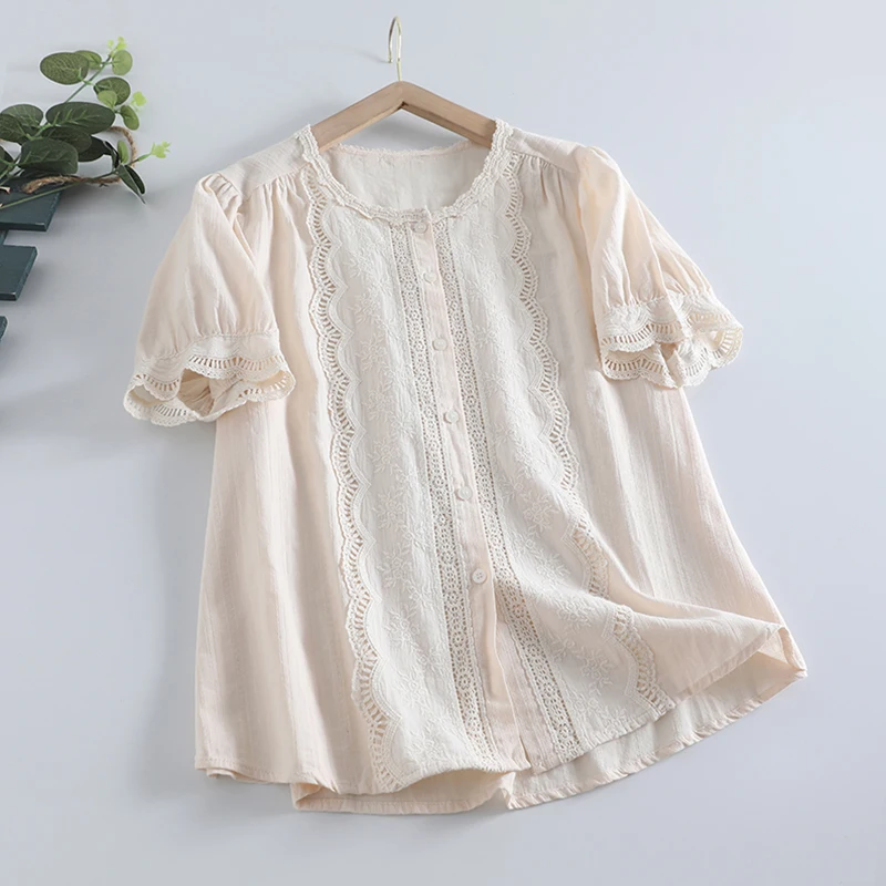 

New Summer Lace Embroidery O-Neck Short Sleeve Tops Women Clothing Hollow Out Beige White Color Cotton Loose Female Shirts U041