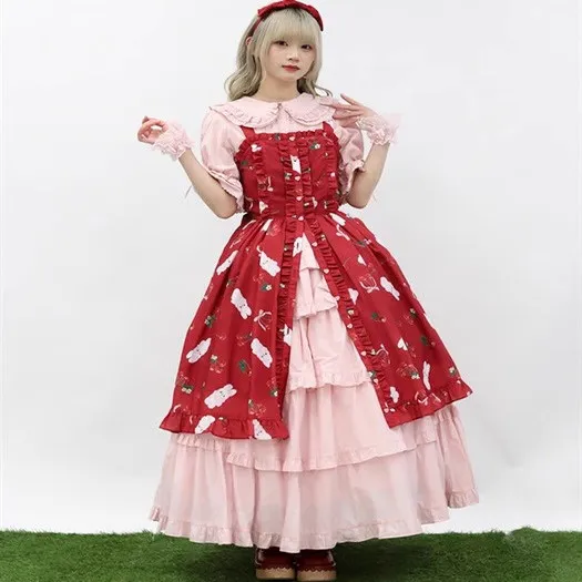 Robe japonaise élégante rétro polyvalente Lolita, sans manches, taille haute, à lacets, imprimé nœud, simple boutonnage, robe mi-longue JSK pour femmes