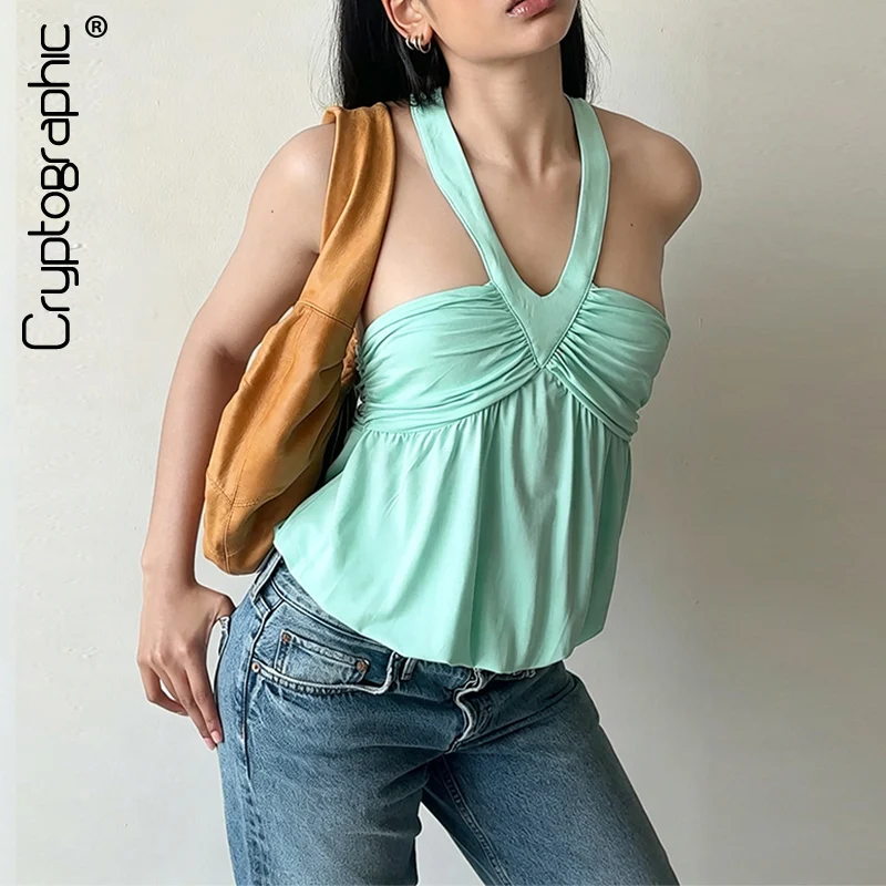 Крипто-стильный женский топ-бэбидолл с эффектом пуш-ап, мятный, с вырезом халтер, в стиле Y2K, ретро, с драпировкой, без спинки, повседневный наряд