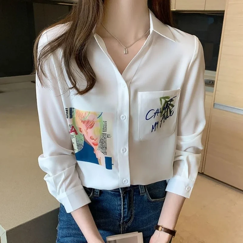 Women Clothing Temperament White Shirt Tops Spring Autumn New Solid Polo Neck Long Sleeve Printing Office Blouse Fashion Elegant