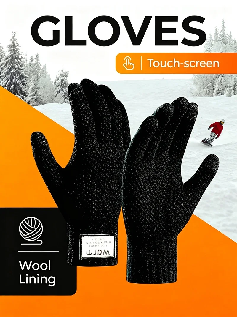 Knit Thermal Men's Gloves Plus-Size Fleece Autumn Winter Soft Thick Elastic Jacquard Wool Touch Screen Winter Warm Gloves