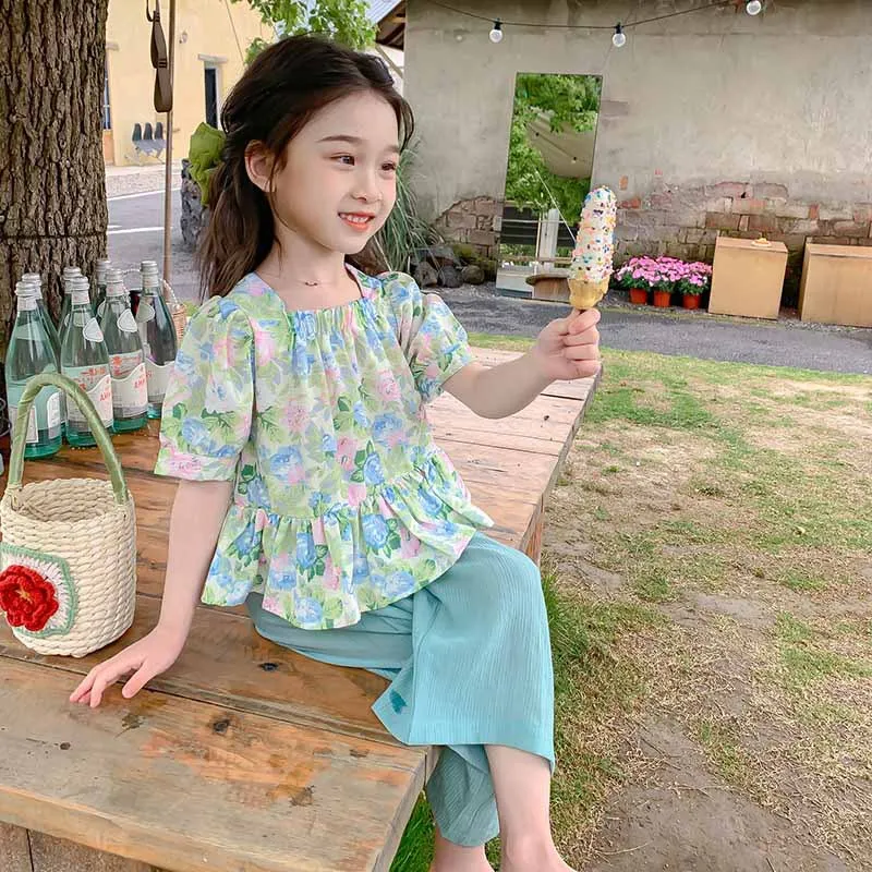 Girls' Suit Summer New Fresh Floral Short-Sleeved Top+Ankle-Length Pants2Set Children One Piece Dropshipping