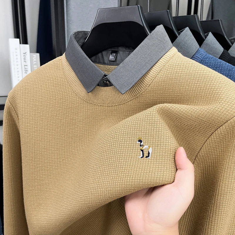 High End Men's Sweater Winter New Velvet Thicken Warm Shirt Collar Fashion Brand Cartoon Dog Embroidery Casual Knitted Pullover