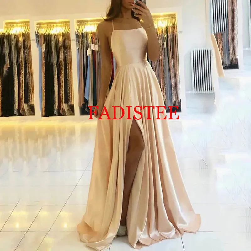 Novo estilo de cetim vestidos de baile alças espaguete dividir vestidos de noite vestidos de fiesta a linha longo vestidos formais roupões de soirée