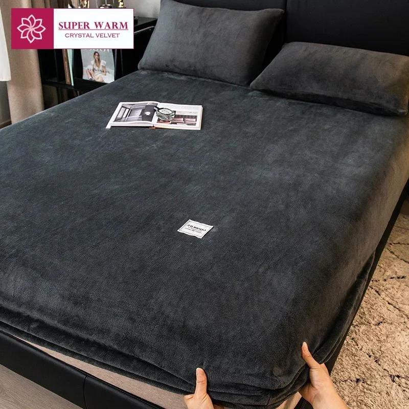 Soft Plush Fitted Bed Sheet Blankets Elastic Mattress Cover Fluffy Coral Fleece Warm Couple Luxury Double Room Bed Bedding