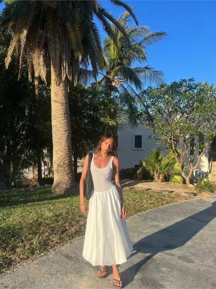 

Holiday Knit Patchwork Dresses Women's Summer Simple Style Sleeveless Backless Suspenders Dress Beach White Chic Ladies Vestidos