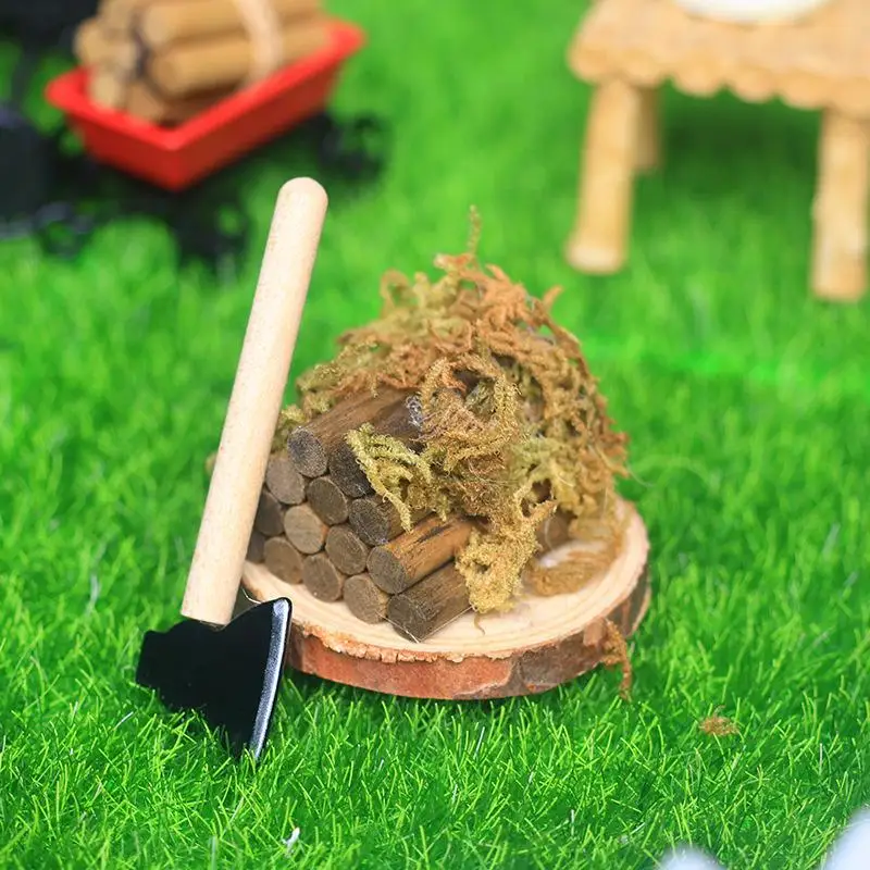 Conjunto de Brinquedos Interativos de Faz de Conta, Machado Miniatura e Pilha de Lenha para Cenário de Jardim de Casa de Bonecas