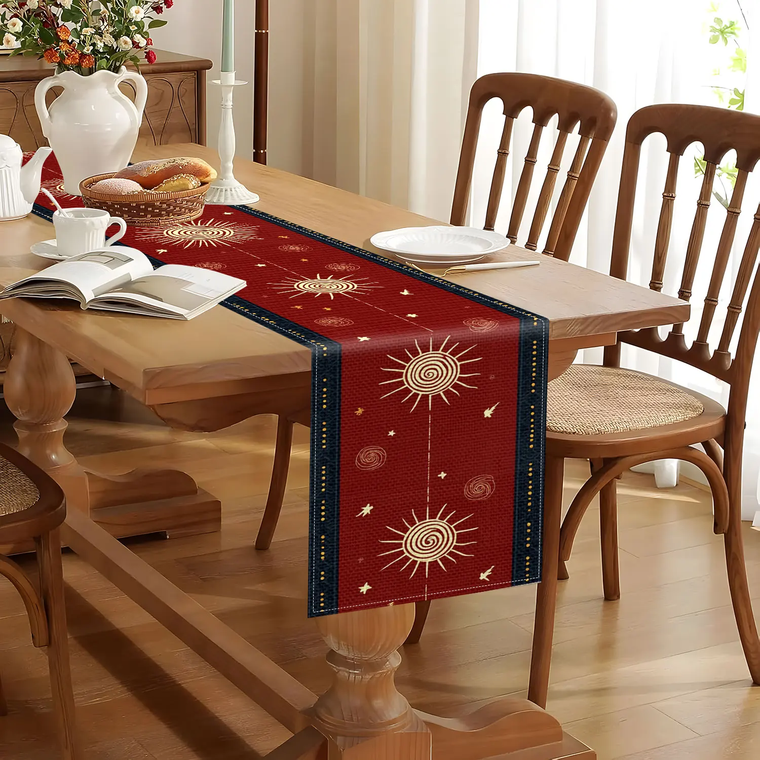 1 Piece of Sun and Star Themed Table Runner, Decorated with Hand-Painted Suns, Stars, and Swirls, Suitable for Bohemian Style and Sunny Space Decoration