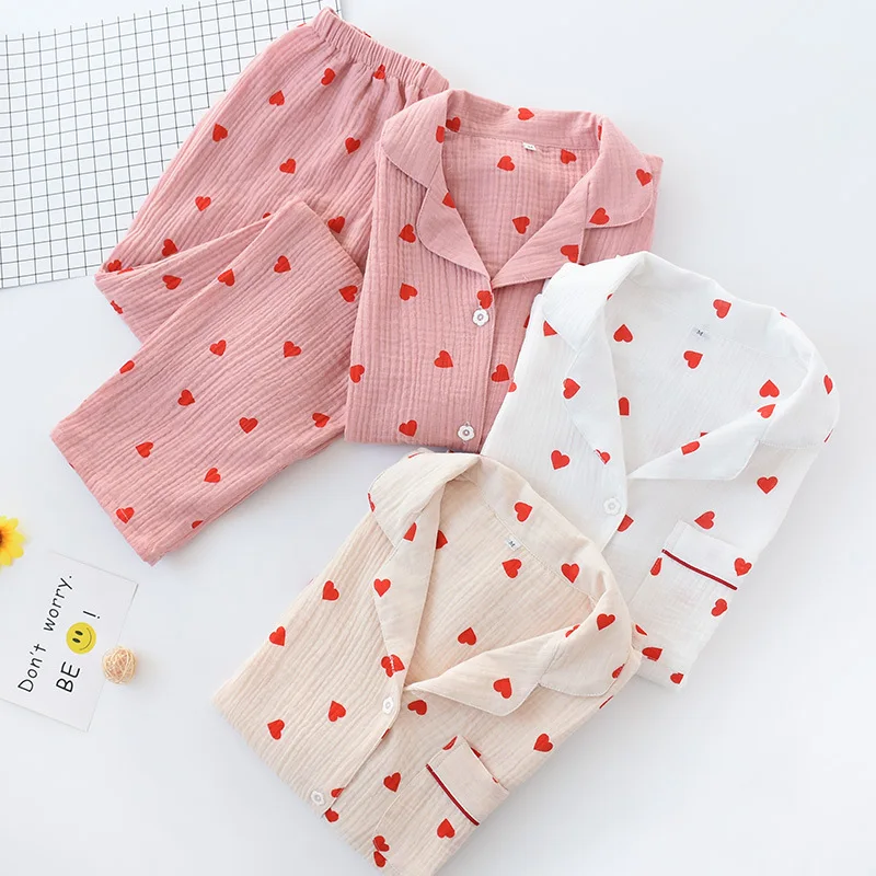 Spring New Ladies Pajamas Set Heart Printed Crepe Cotton Double-layer Gauze Turn-down Collar Long-sleeve Trousers Household Wear