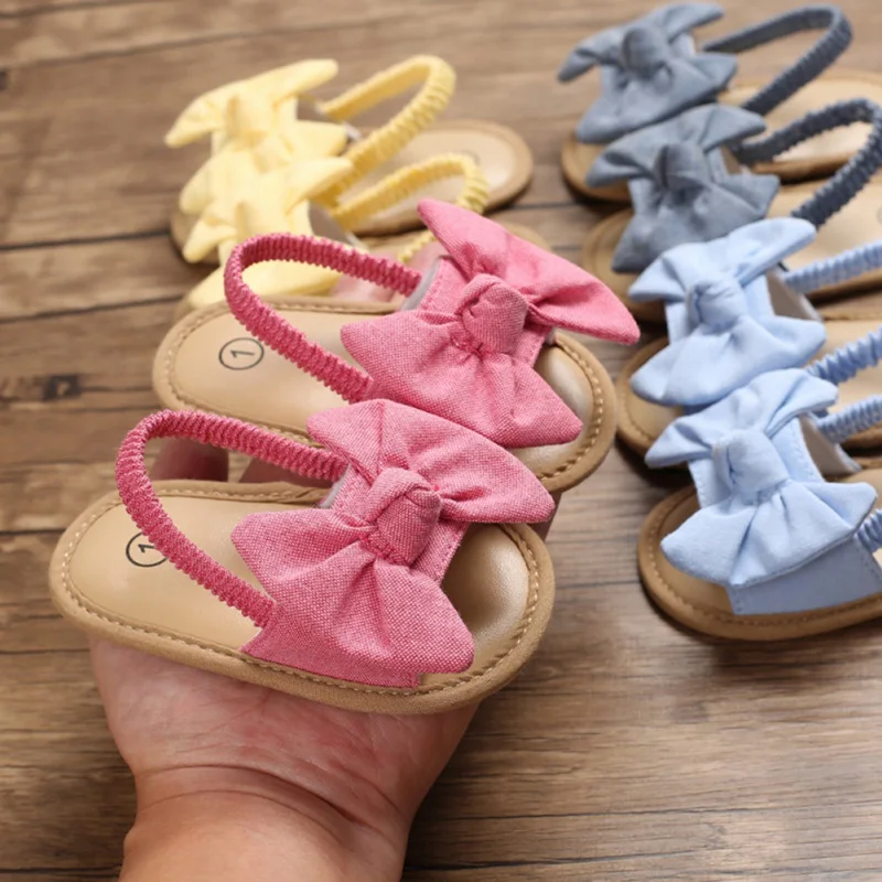 Sandalias con nudo de lazo para niñas, zapatos de vestir de princesa planos de suela suave, calzado antideslizante para primeros pasos, zapatos de playa para bebés, Verano