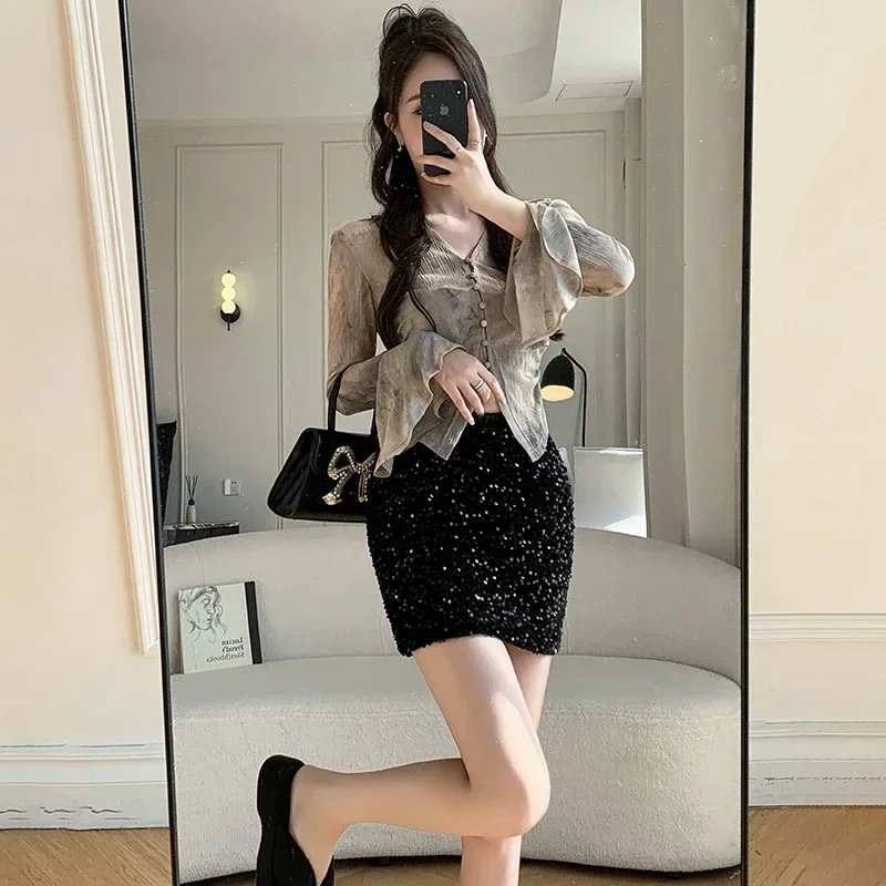 Lovertjes Een Lijn Zwarte Mini Rokken Vrouwen 2025, Casual Elastische Hoge Taille All-Match Faldas Streewear Korte Sexy Micro rok Zomer