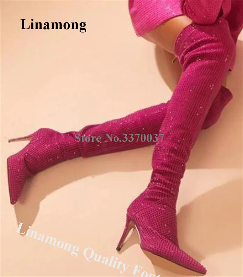 Rose Pink Crystals Boots Linamong Newest Over Knee Stiletto Heel Rhinestones Stiletto Heel Boots Slim Shining Green Long Boots