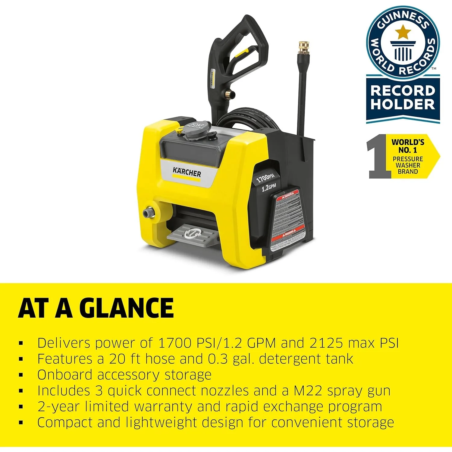 K1700 Cube Max 2125 PSI Electric Pressure Washer with 3 Spray Nozzles - Great for cleaning Cars, Siding, Driveways - 1.2 GPM