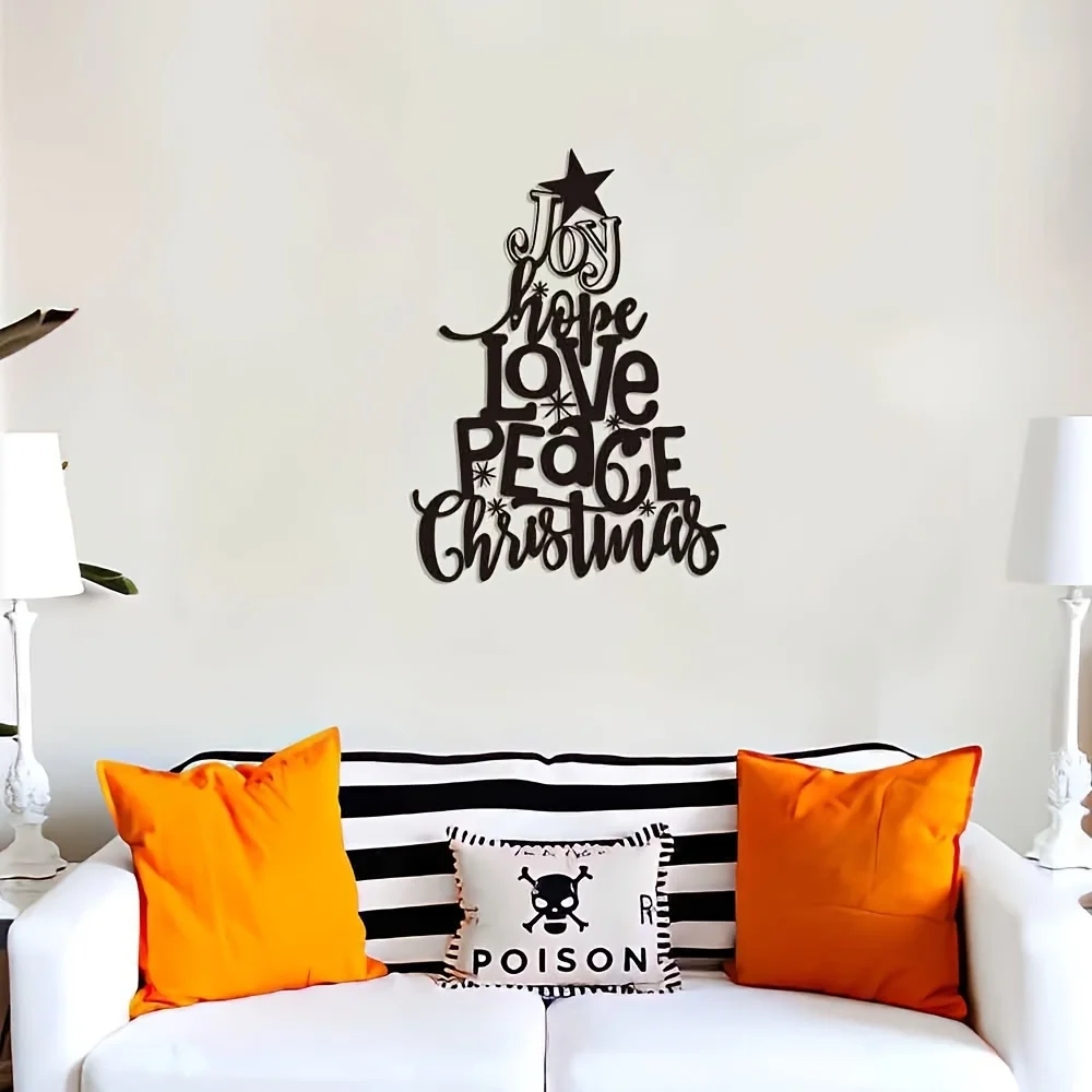 1Pc Black Joy Hope Love Peace Christmas Tree Metal Wall Art, Christmas Home Decoration, Home Art Iron Crafts Decoration, Metal Wall Art, Iron Decoration, Metal Crafts, Modern Wall Decoration, Room Living Room Nursery Bedroom Decoration