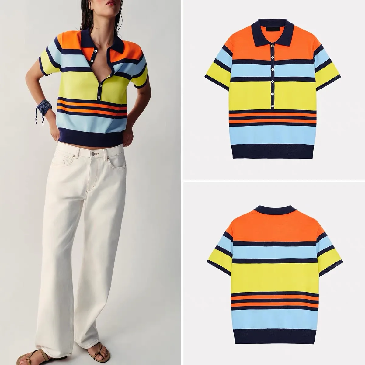Spring Summer New Women's Knitted Fashionable Striped  Shirt Versatile ZR Style Polyester Short Sleeve Flip Collar Top