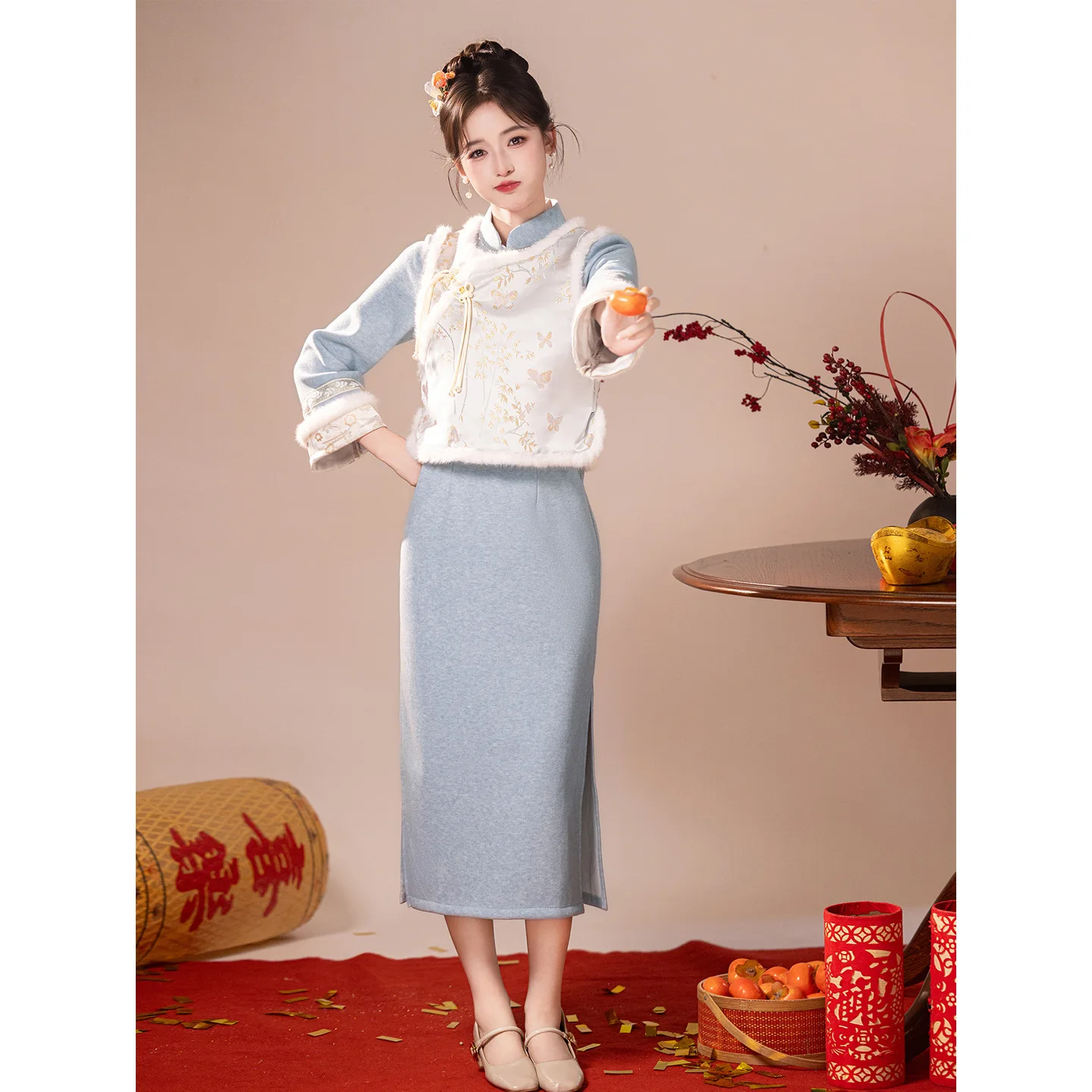 Yourqipao Winter Cheongsam Thicken Velvet 2025 New Winter Dress Qipao Evening Dress Women Feather Skirt