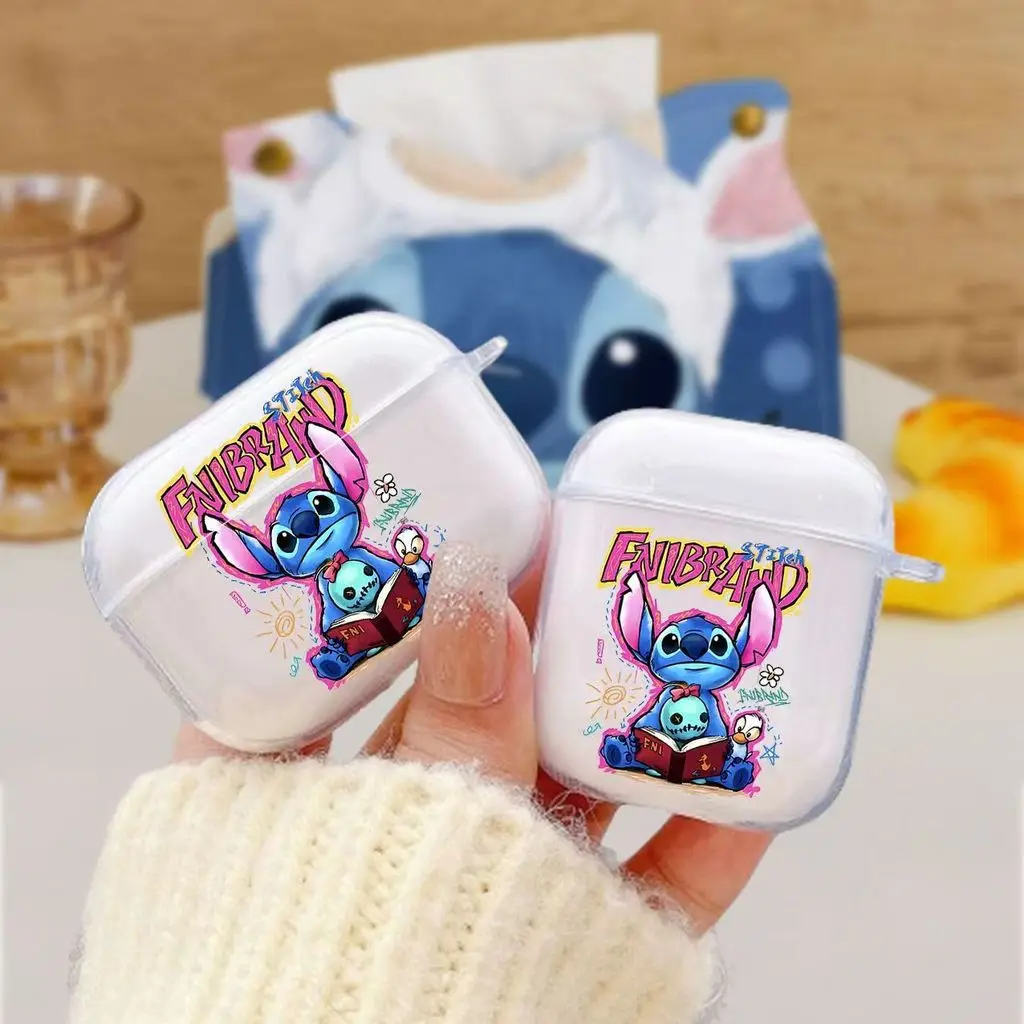 Cute Stitch Cartoon Earphone Case for Apple Airpods Pro3 Pro2 Pro 4 3 2 1 Bluetooth Transparent Protective Cover with Hook
