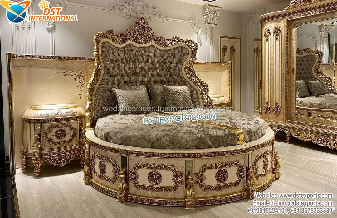 Cama king redonda tallada a mano de estilo barroco real, cama redonda tallada de lujo de alta resistencia, cama redonda de maharaja de teca de diseño