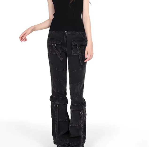 Fashion Punk Subculture Multi-pocket Elastic Gray Black Bootcut Jeans Versatile Comfortable Girls Personality Street Trousers